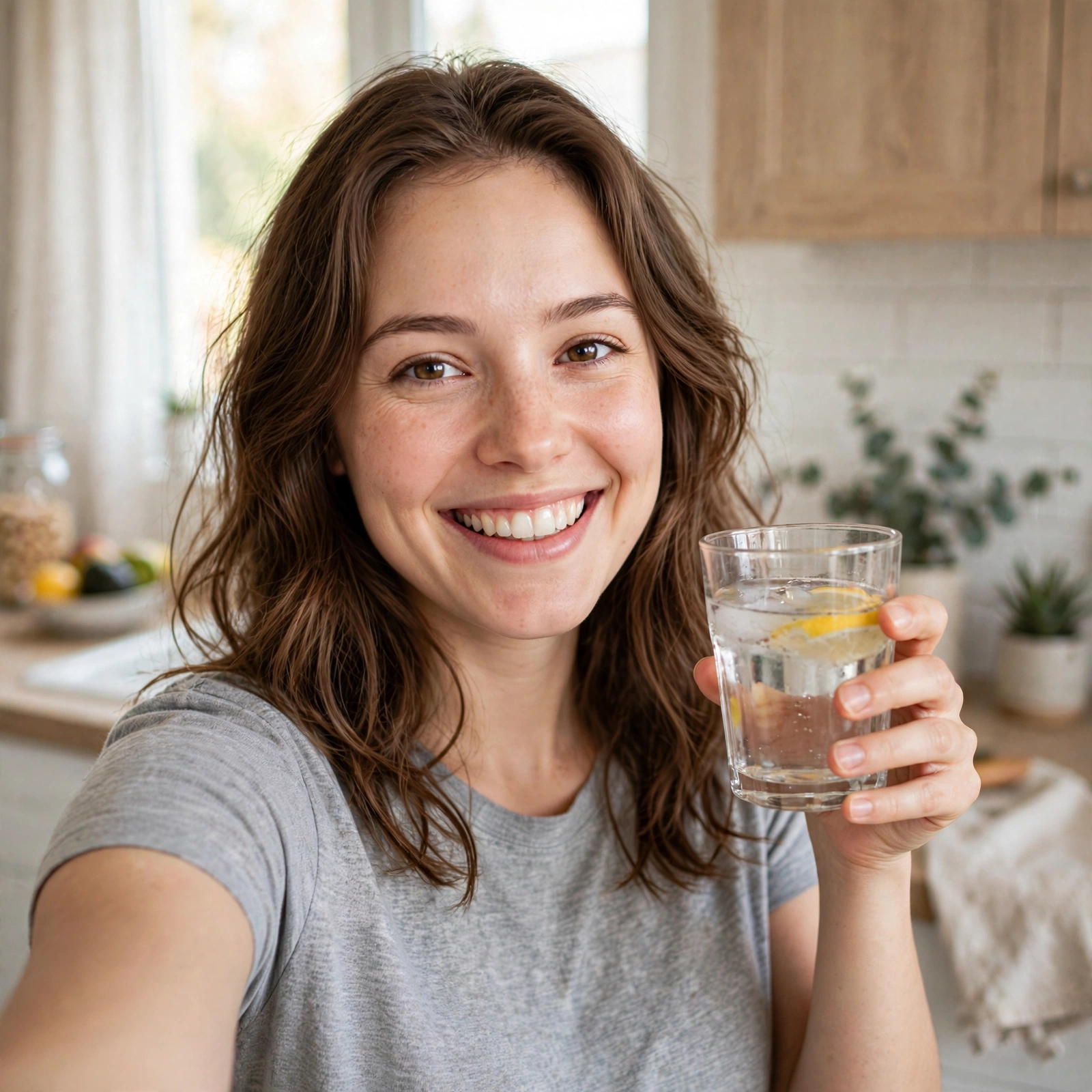 Maya in her kitchen holding a glass of water in the morning light